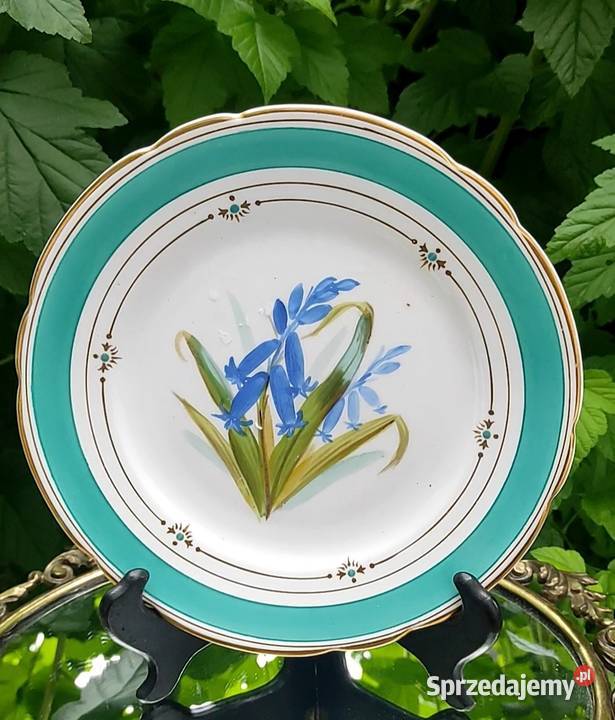 Śliczny talerz z bordiurą w kolorze Tiffany Blue Porcelana i szkło Pabianice
