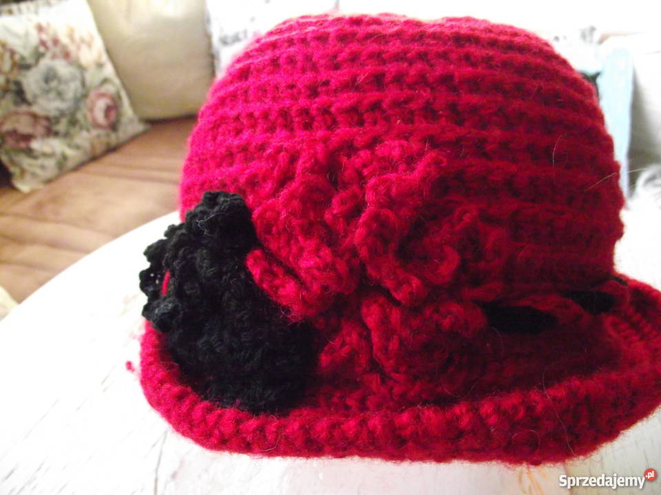 CZERWONO CZARNY KAPELUSZ AUTORSKIE RĘKODZIEŁO Piła