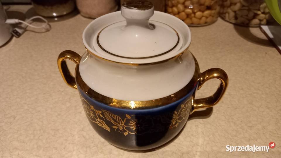 Cukiernica porcelanowa kobalt złoto biel Zastawa stołowa