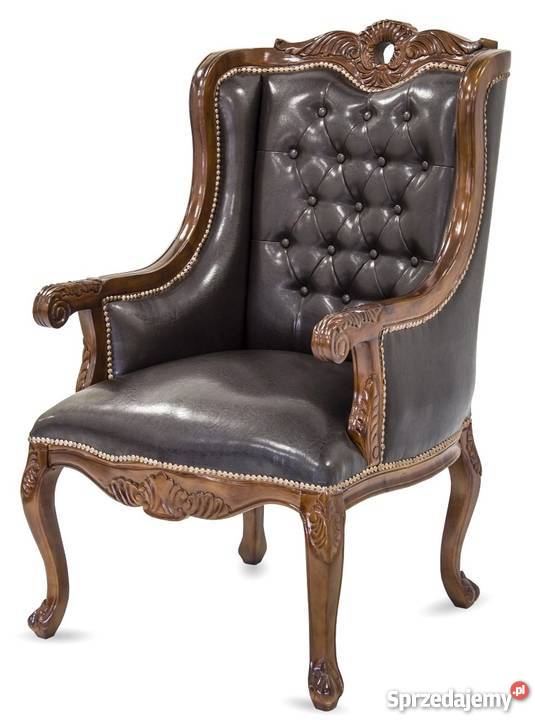 Fotel stylowy nowy skórzany drewniany tapicerowany duży