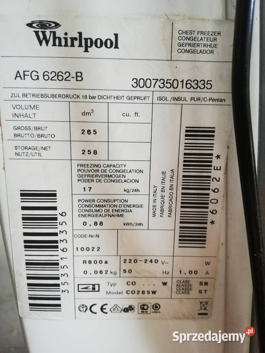 Zamrażarka Whirlpool 6262 B wolnostojące opolskie Olesno