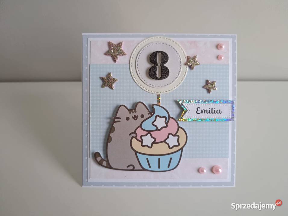 Kartka ręcznie robiona na urodziny kotek Pusheen Łódź