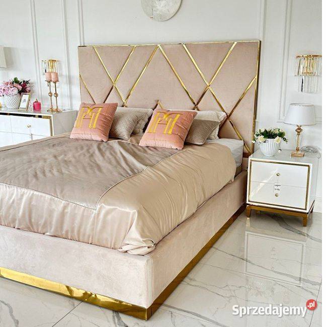 ŁÓŻKO IMPERIAL Glamour 180x200 Beż Welwet Złota Warszawa