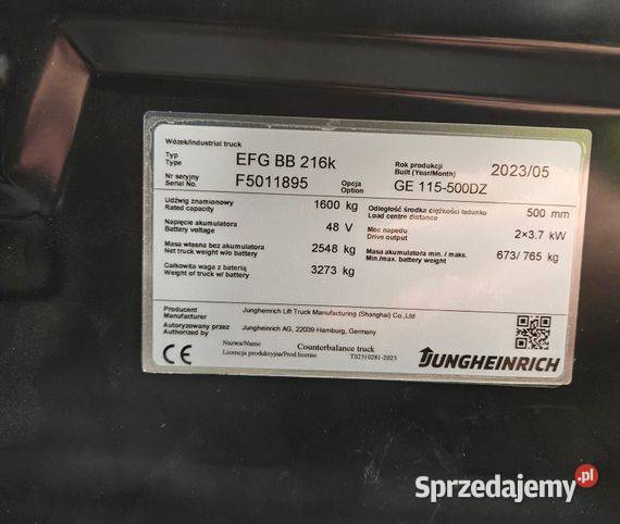 Wózek widłowy nowy Jungheinrich EFG BB216k 2023 Szczecin sprzedam
