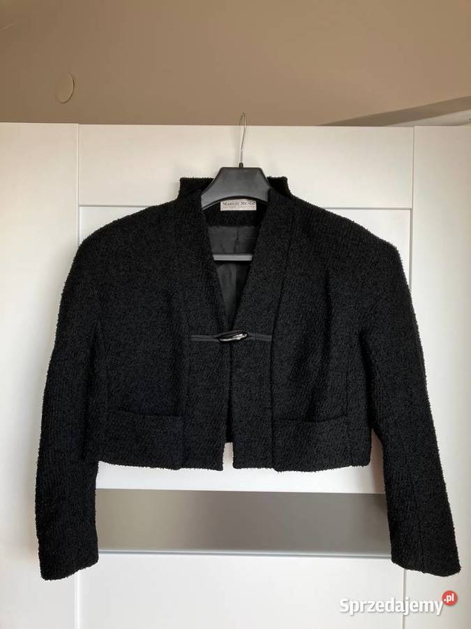 Krótki designerski czarny żakiet vintage wełna czarny Nisko