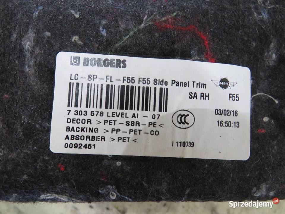 BOCZEK TAPICERKA BAGAŻNIKA PRAWA MINI F55 F56 5D