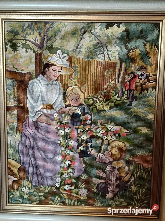 Gobelin krzyżykowy w ramie Odpoczynek w ogrodzie Lipno sprzedam