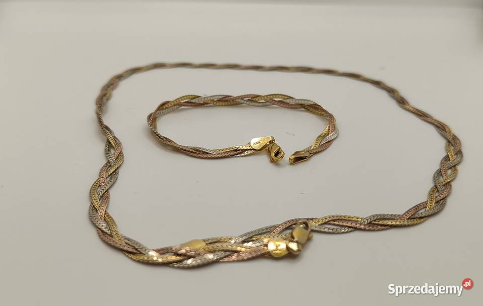Łańcuszek z bransoletką Płaska pleciona taśma srebro Brwinów