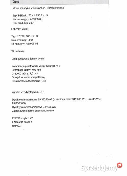 Prasa MULLER model PZEWL 160x1750 Toruń sprzedam