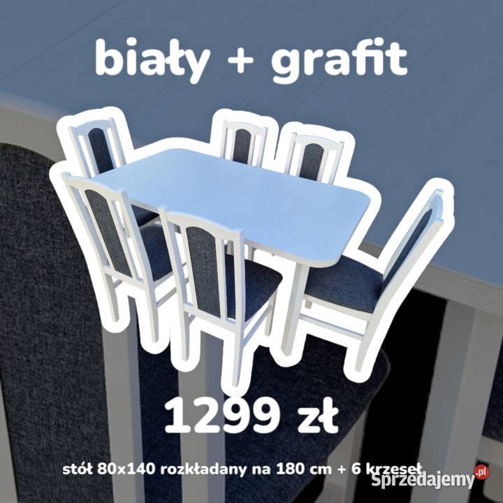 Nowe: Stół 80x140/180 + 6 krzeseł, BIAŁY + GRAFIT, trans PL