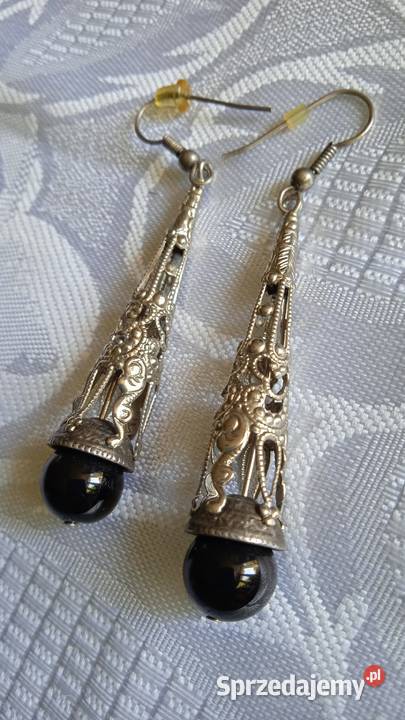 DŁUGIE STOŻKOWE KOLCZYKI SREBRZONE Z ONYKSEM