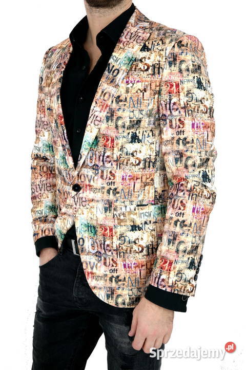 GIOVANNI PERA Marynarka Męska D809 Beżowa napisy brązowy/beżowy Ostrów Wielkopolski