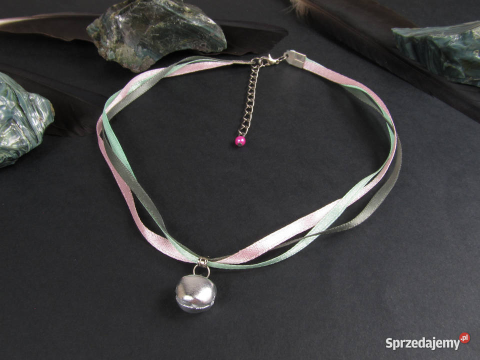 Naszyjnik choker z miętowej i różowej wstążki z Katowice