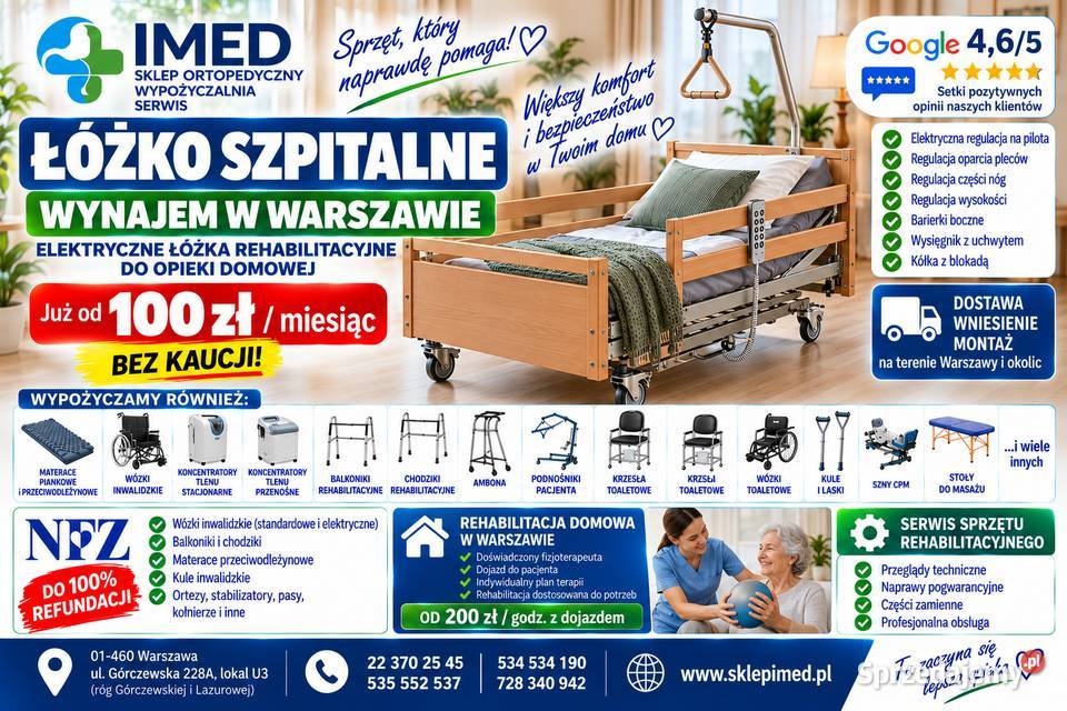 ŁÓŻKO ELEKTRYCZNE SENIORA WYNAJEM 100 WARSZAWA