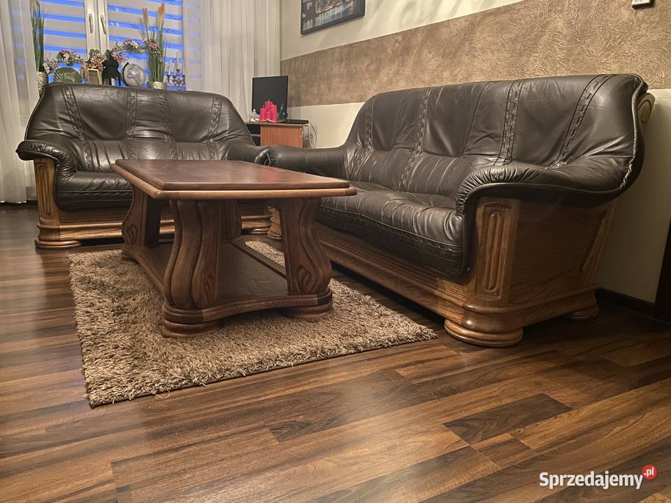 Wypoczynek skórzany z elementami drewna 32 nowa