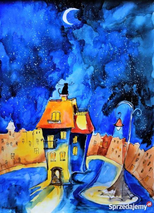 Akwarela Kocia noc artystki plastyka Adriany śląskie Katowice