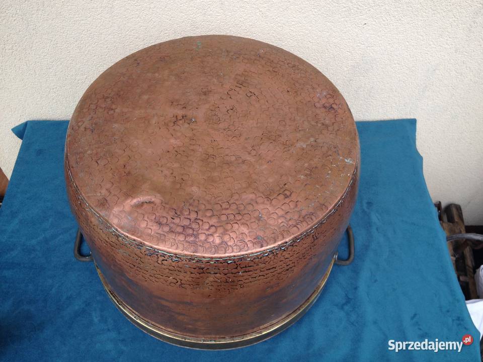 Duży miedziany kocioł poj 45 litrów sygnowany Warszawa