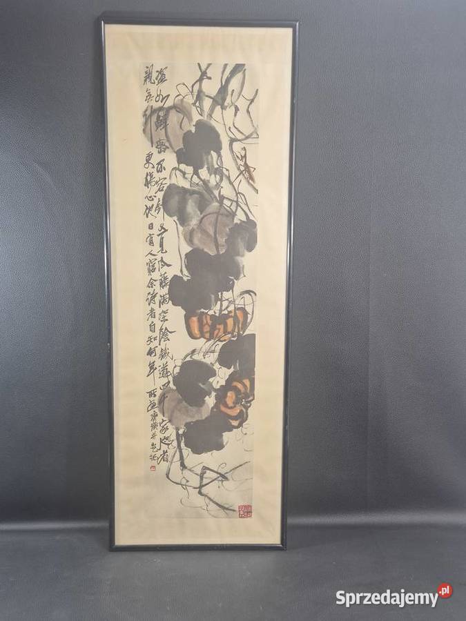 Chiński obraz gwaszowy Baishi i winorośl ok 1920 łódzkie Poddębice sprzedam