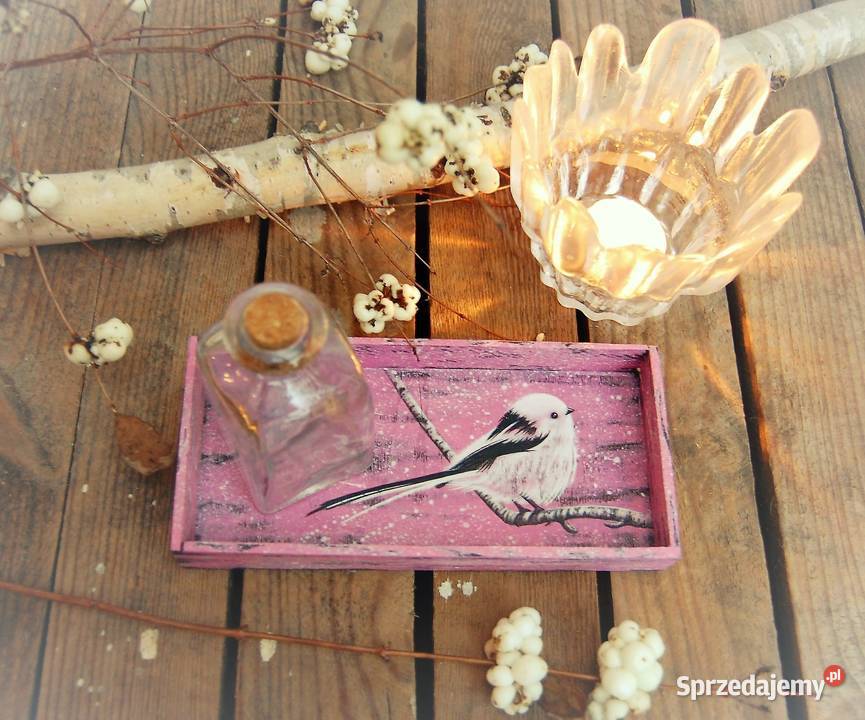 Drewniana tacka malowana ptak raniuszek odcienie różowego Lublin