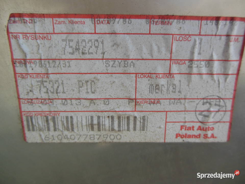 7542291 SZYBA FIAT UNO 5 DRZWI TYŁ LEWY ORYGINAŁ Kozy