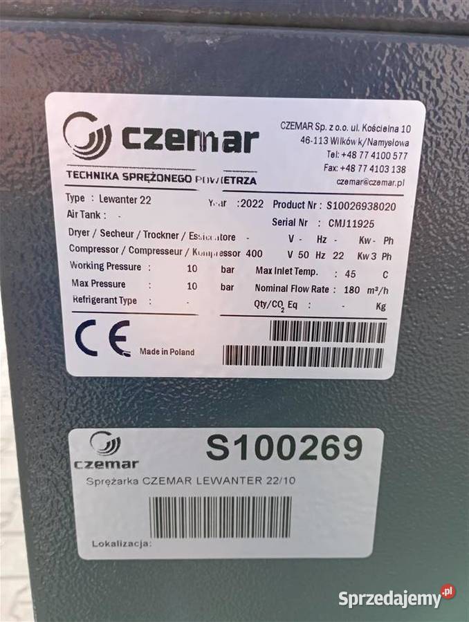 Sprężarka śrubowa kompresor CZEMAR LEWANTER 2210 Wilków sprzedam