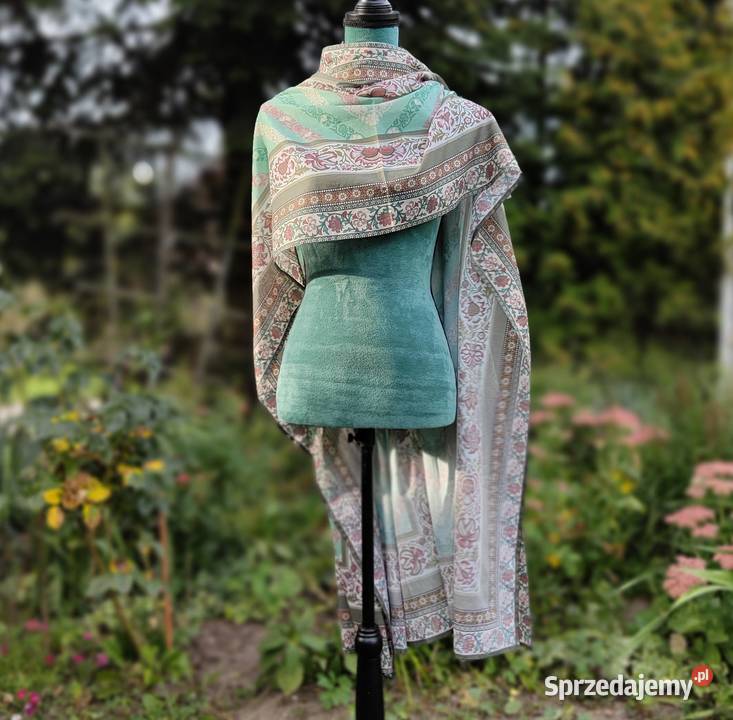 Duża chusta szal dupatta mięta kwiaty bawełna Szczecin