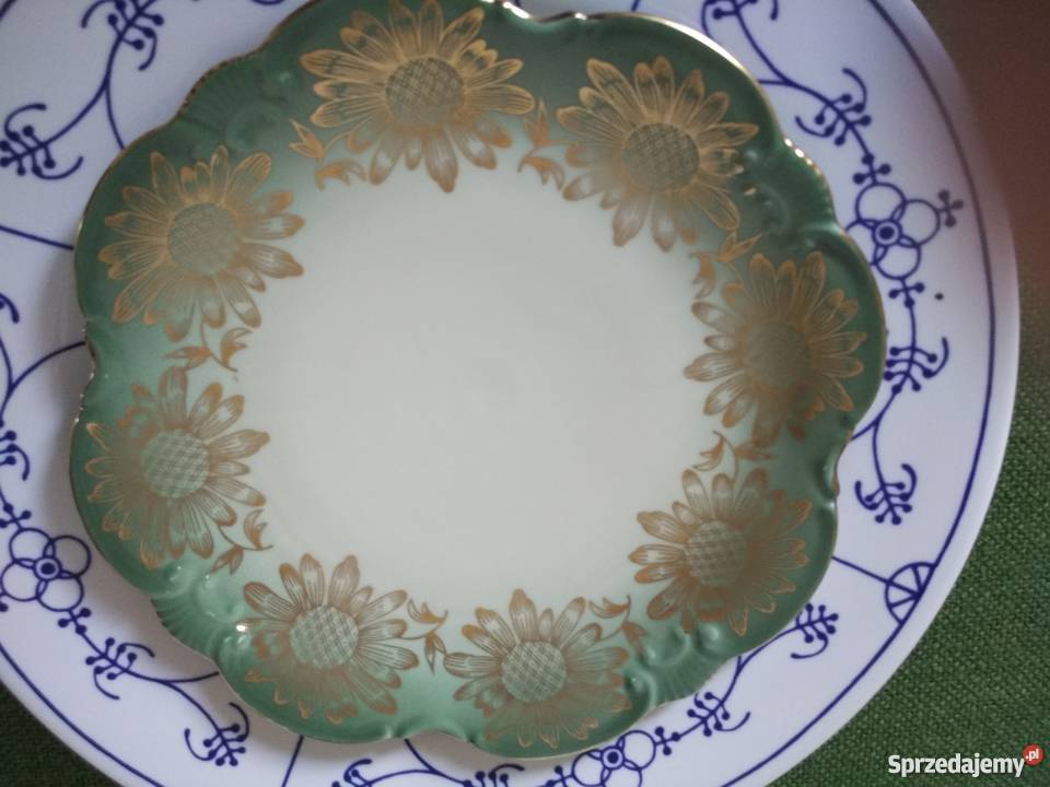 Złocona zielona paterka talerzyk porcelana Ropa