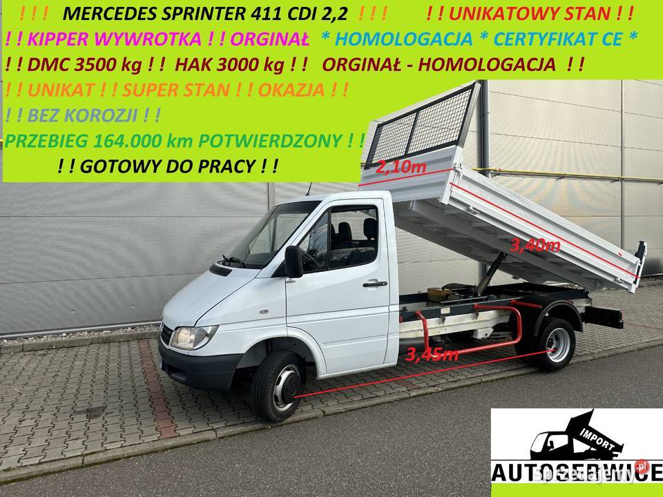 MERCEDES SPRINTER 411 22 CDI KIPPER WYWROTKA HAK garażowany Piekarzew