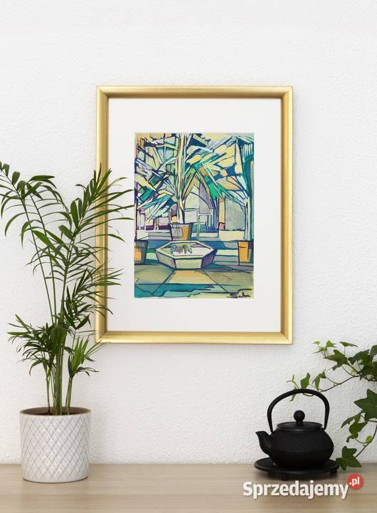 Palmiarnia fontanna obraz gwasz Saba Obrazki i obrazy Lublin sprzedam