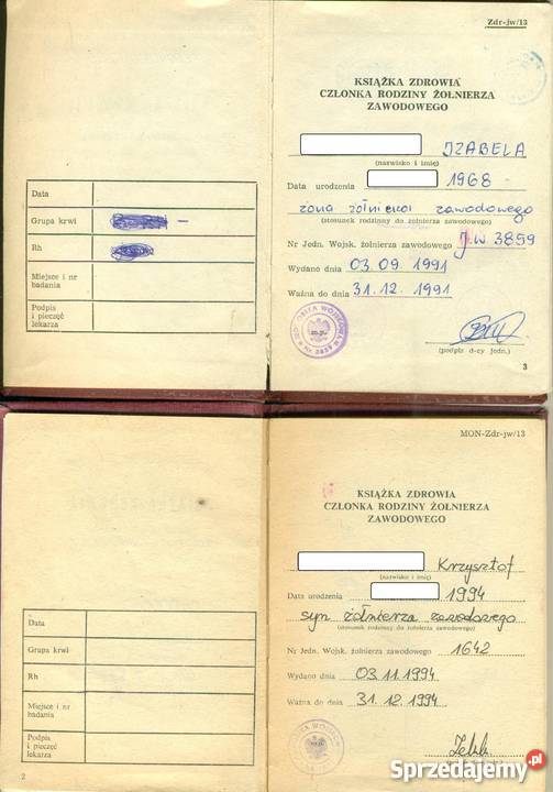 Książka zdrowia członka rodziny żołnierza sprzedam