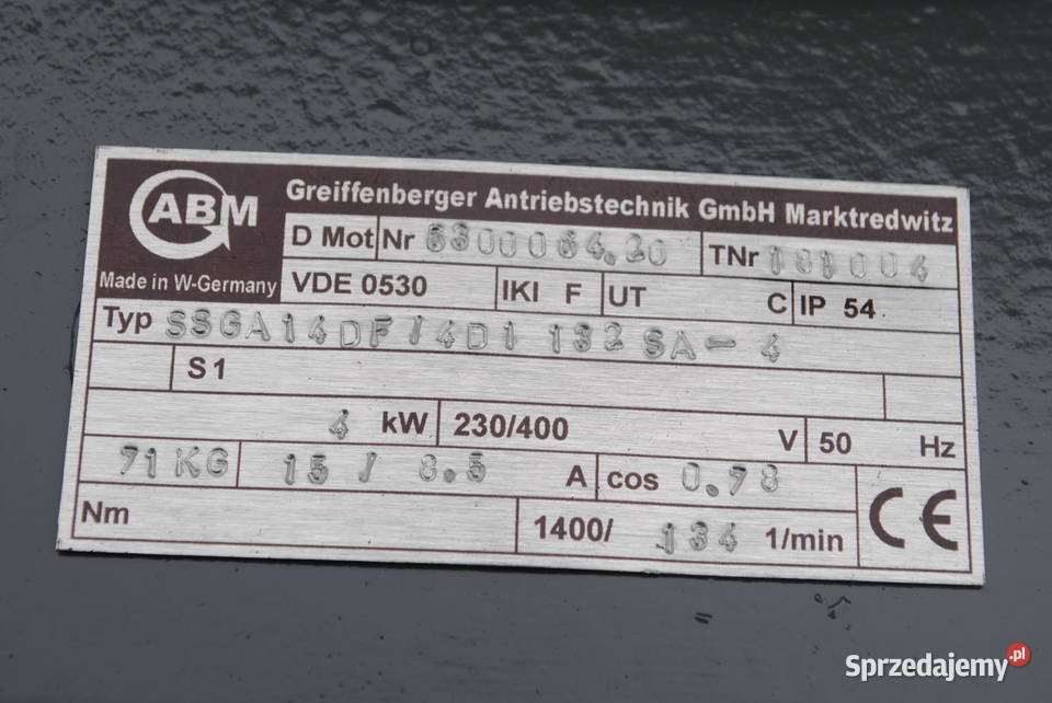 Motoreduktor kątowy 4kw 134obrmin firmy ABM Kargowa