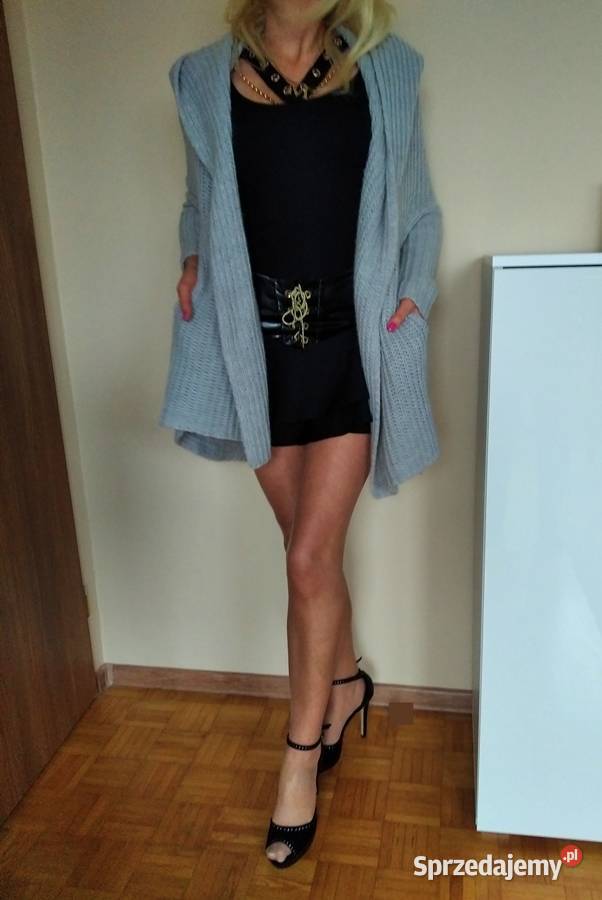 Sweter kardigan szary kaptur PAPARAZZI FASHION M długi Łapy