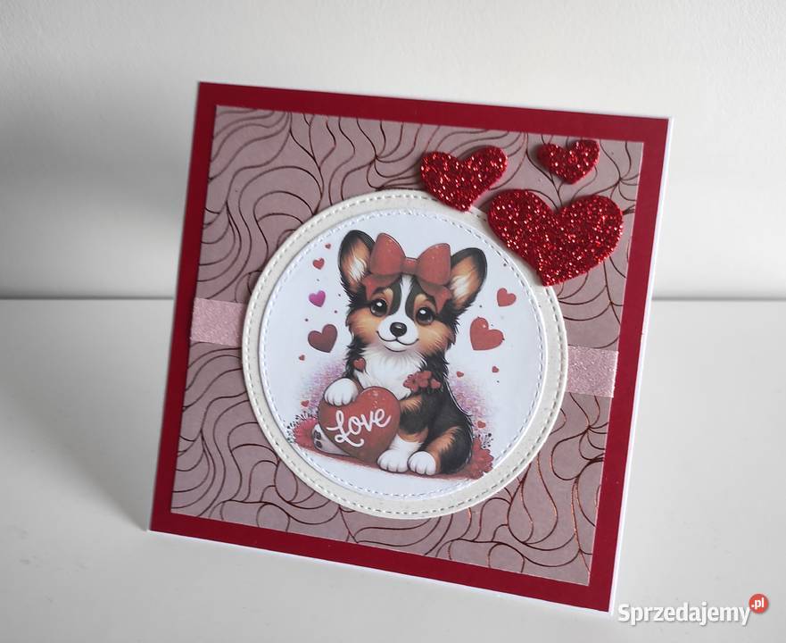 Kartka ręcznie robiona na Walentynki z pieskiem Łódź