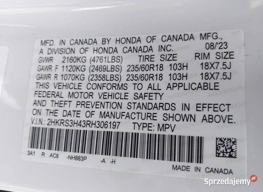 Honda CRV EX 2023 15 turbo automatyczna wielkopolskie Leszno