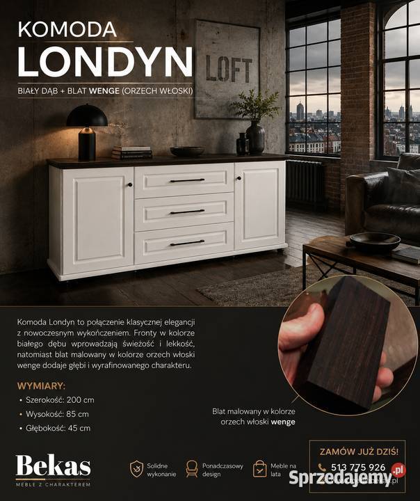 Komoda LONDYN Biała Loftowa Blat Orzech Wenge