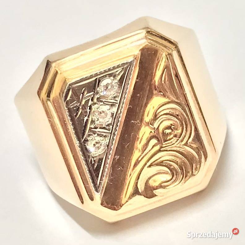 Złoty sygnet 585 14K Retro z diamentami 01ct Art Warszawa