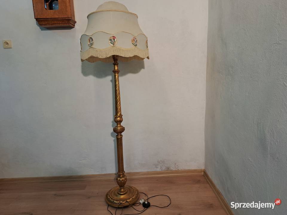 Lampa podłogowa drewniana złota abażur