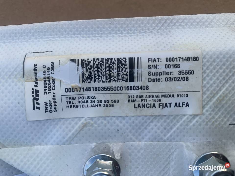 34024859 poduszka powietrzna fotela prawa fiat Rok produkcji 2009 zachodniopomorskie Szczecin sprzedam