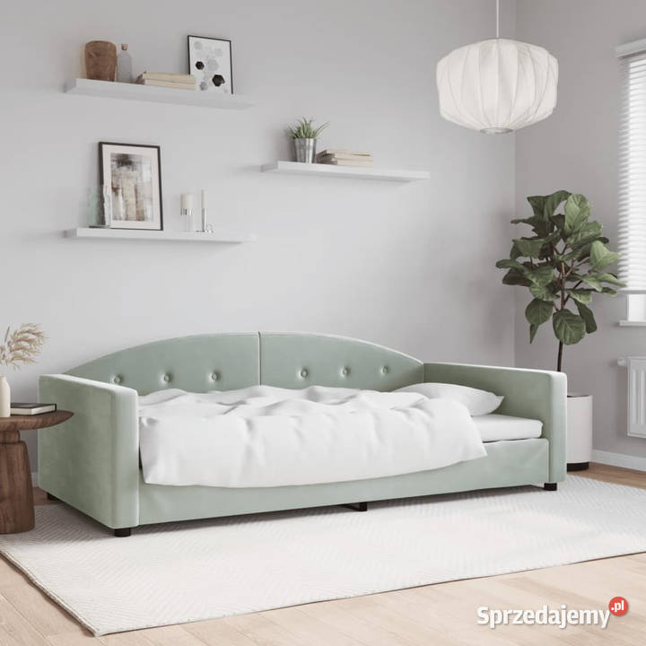 Sofa z funkcją spania jasnoszara obita aksamitem Łóżka i materace Warszawa
