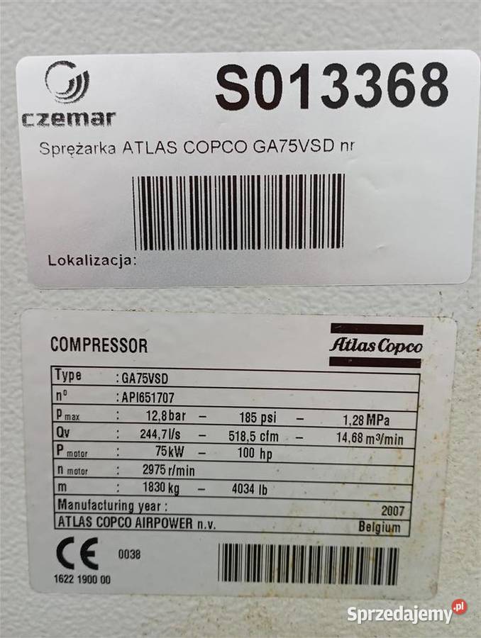 Sprężarka śrubowaAtlas Copco GA75VSDFF75 Wilków