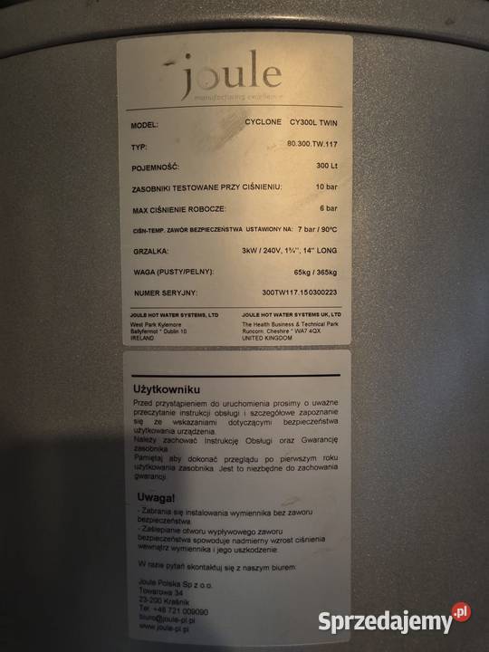 Joule Cyclone CY300L TWIN Typ 80300TW117 Poj Lubsza