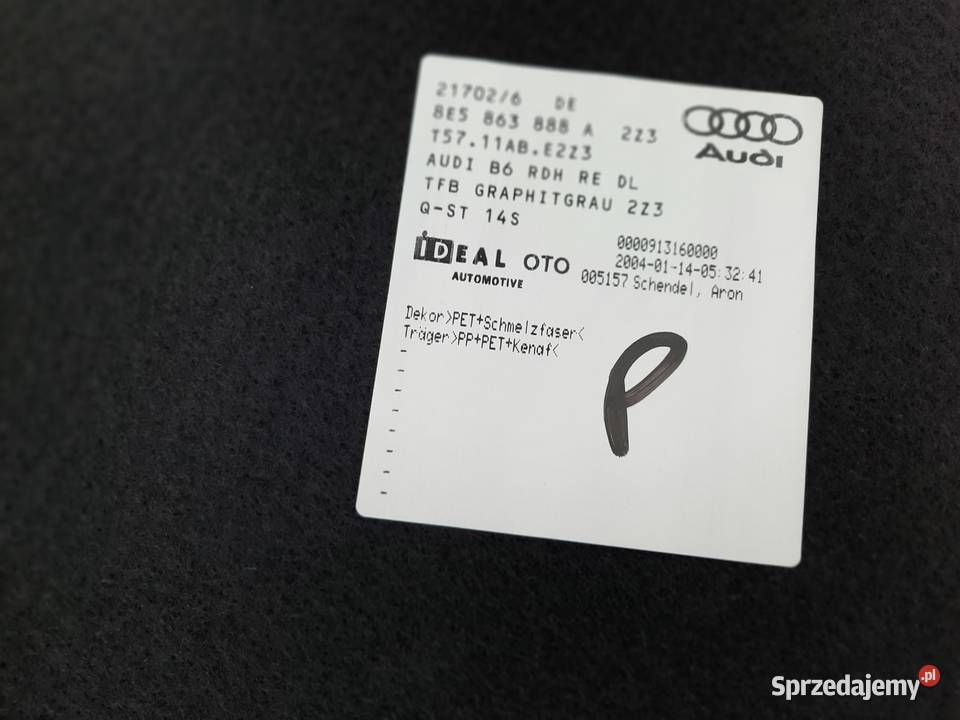 Audi A4 B6 B7 sedan tapicerka lewy boczek Rok produkcji 2004 śląskie Szczerbice