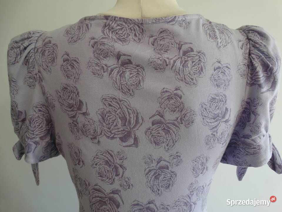 Sukienka Liliowa Kwiatowy Nadruk Rozkloszowana Kwiatki Łomża