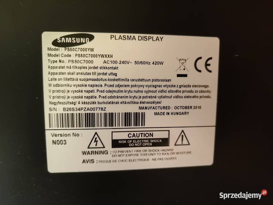 Samsung 50C7000YW 50 Plazma USZKODZONY EKRAN Na łódzkie Łódź