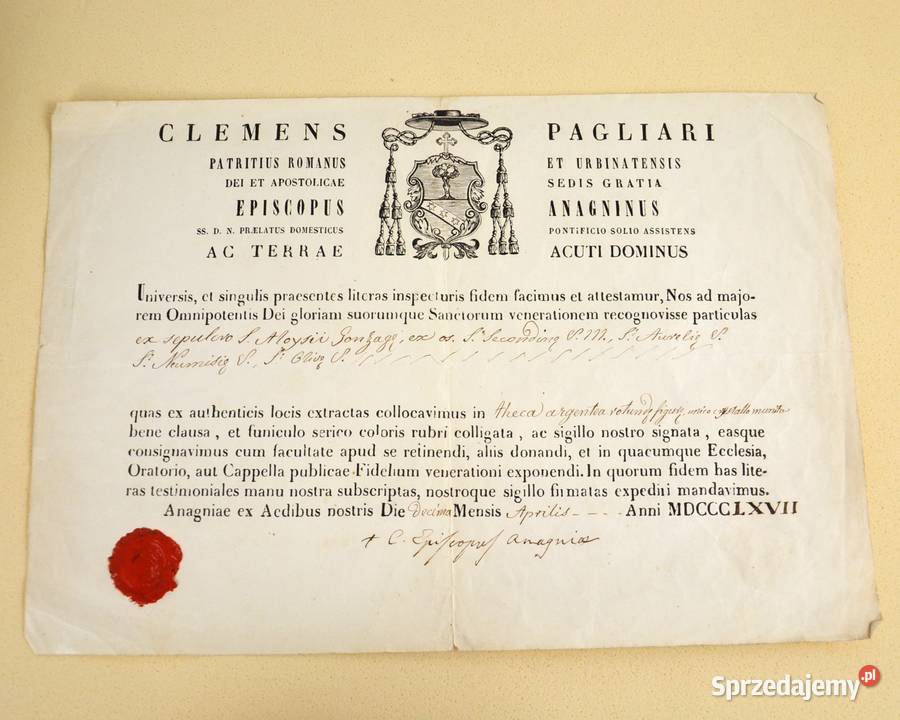 Certyfikat relikwii z 1867r wystawił Biskup