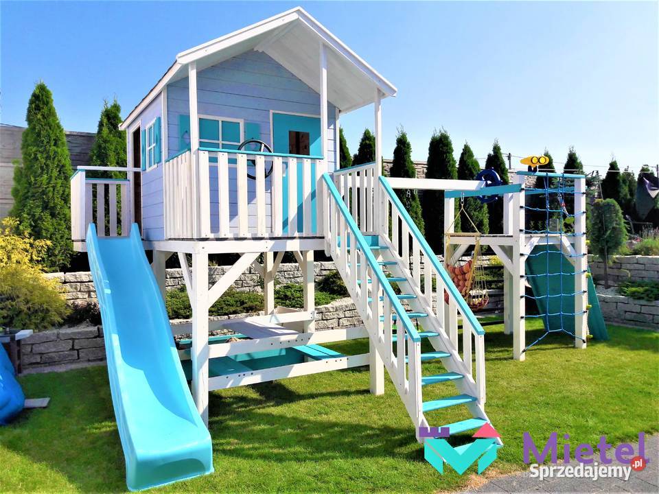 Wyjątkowy domek drewniany pełny zestaw błękitny Stopnica