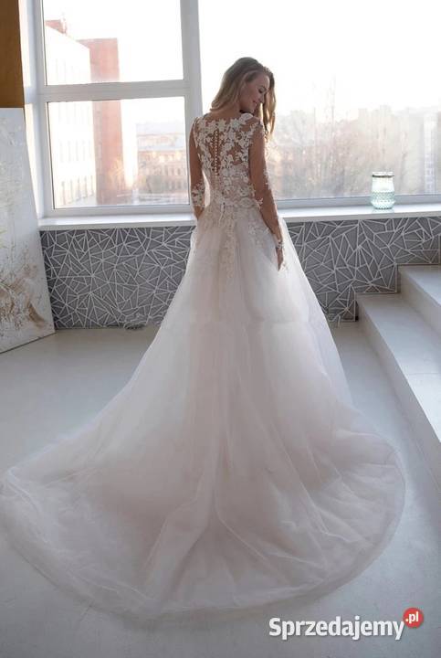 Suknia ślubna liniaA koronka perły rękawy 46 46W Damska dolnośląskie Jelenia Góra