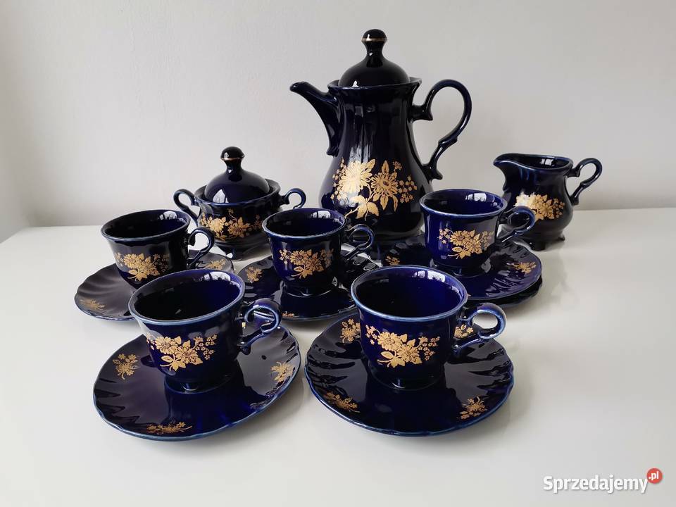Stary niebieski kobaltowy serwis kawowy porcelit