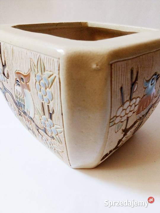 kwadratowa doniczka ceramiczna z ptakami