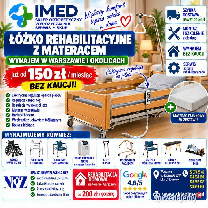 Łóżko Rehabilitacyjne z Materacem Wynajem Warszawa sprzedam